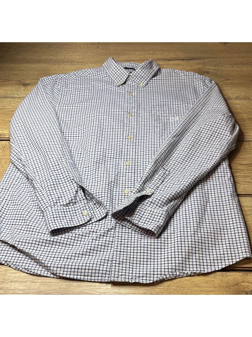 Chaps Men's White, Black and Blue Plaid Button Down Shirt Size Large